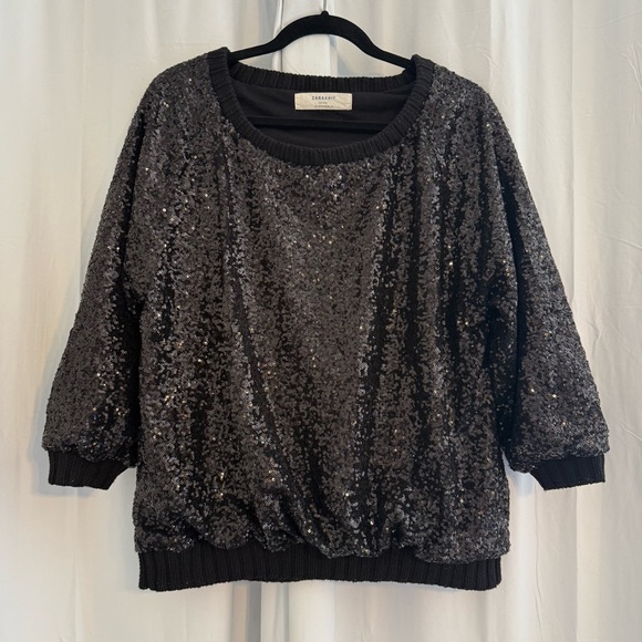 Zara Sweaters - Zara Black Sequin Knit Sweater Women’s Medium 3/4 Sleeve Holiday Party Top